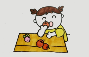 小女孩正在吃水果简笔画