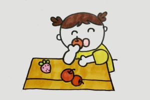 小女孩正在吃水果简笔画
